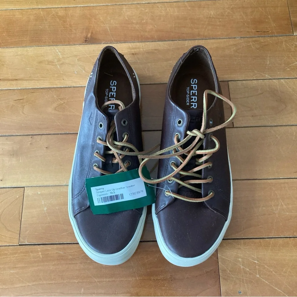 NWT Sperry Men's size 10.5 Dark Brown leather lace up Sneakers - Picture 2 of 6